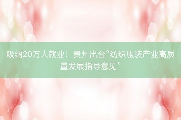 吸纳20万人就业！贵州出台“纺织服装产业高质量发展指导意见”